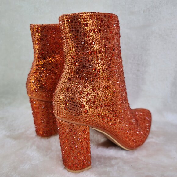 RESTOCKED! Metallic Orange Rhinestone Ankle Boots with 3" Block Heel - Picture 2 of 8